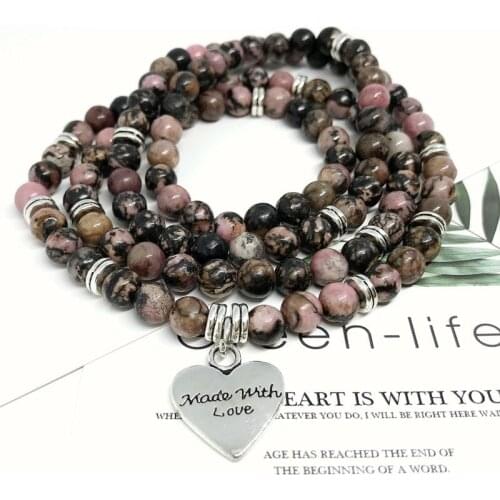 4 Rap Bracelet For Women 72 CM Necklace For Girls Natural Rhodonite Stone 6mm Round Bead Mala Yoga Necklace Fashion Jewelry