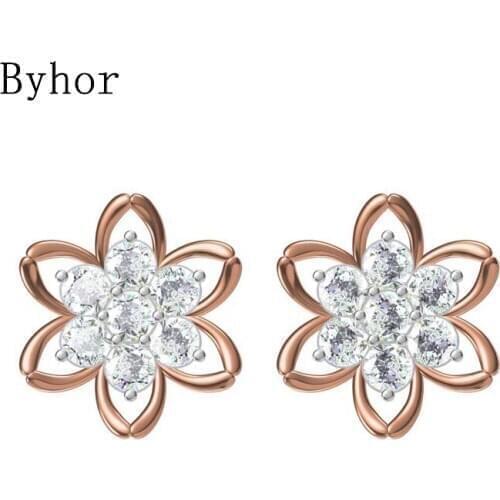 Byhor Solid 14K White/Yellow+White/Rose+White Gold 2.31ct H/SI Natural Diamond Fine Jewelry Wedding Flower Stud Earrings Cерьги