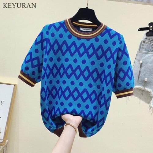Wavy jacquard short-sleeved knitted T-shirt Women Summer Loose Knitwear Tops Tees Striped Patchwork Blue Knitting T Shirts