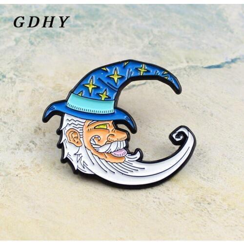 GDHY Lovely White Beard Moon Grandpa Wizard Brooch Blue Hat Star Brooch Enamel Badge For Children Lapel Denim Cartoon Jewelry