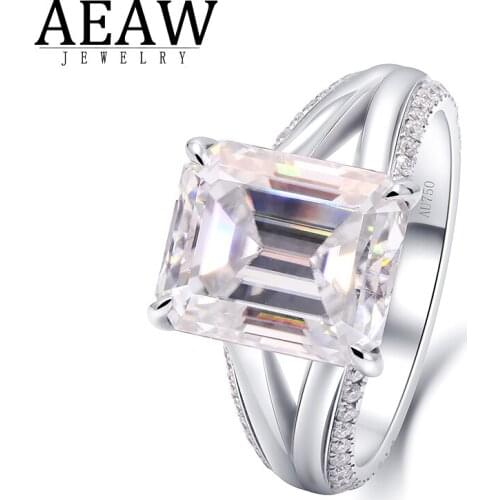AEAW 5ct 9X11MM Emerald Cut EF Color Moissanite Diamond 18k White Gold Wedding Rings