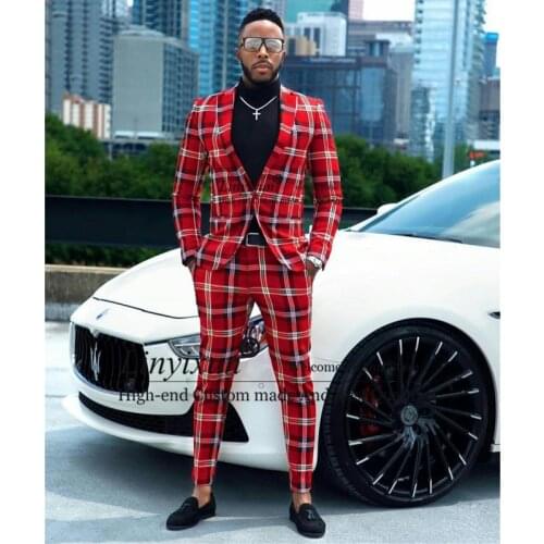 Fashion Red Check Slim Fit Suits Set One Button Notached Lapel Two Pieces Groomsmen Tuxedos 2021 Custom Made