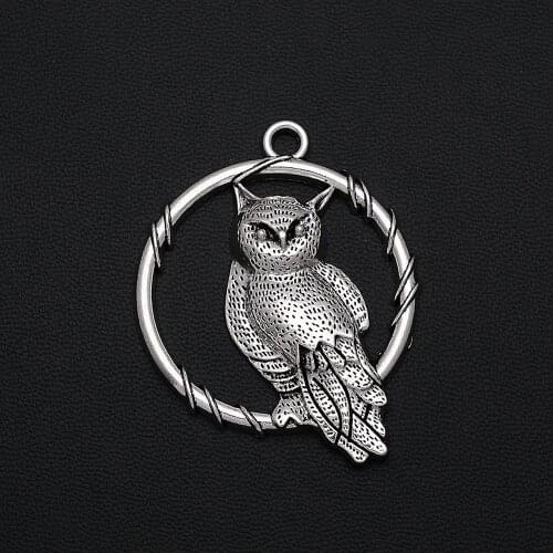 2pcs/Lots 36x45mm Antique Silver Plated Circle Owl Charms Vintage Metal Zinc Alloy Round Bird Pendants For Diy Jewelry Making