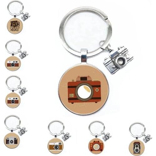 Hot Retro Vintage Camera Glass Cabochon Key Ring Fashion Model Pendant Keychain Photo Diy Handmade Wholesale Gift Cute Pattern S