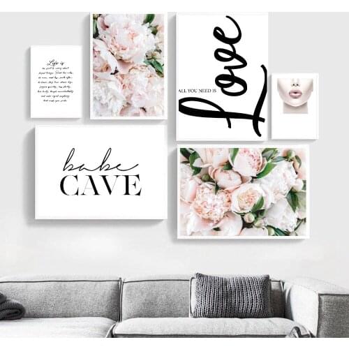 Scandinavian Style Fashion Wall Art Flower Peony Life Love Quote Modern Wall Painting Woman Bedroom Decor Pictures Lips Poster
