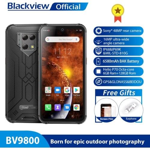 IP68/IP69K Blackview BV9800 Modular Rugged Mobile Phone 6.3inch Display 6580mAh Helio P70 Octa Core 6GB 128GB 48MP Cam Android 9
