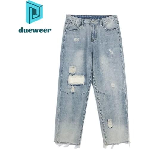 DUEWEER Mens Ripped Jeans Summer Gradient Straight Holes Trousers Streetwear Men Baggy Tassel Harajuku Beggar Denim Pants Belt