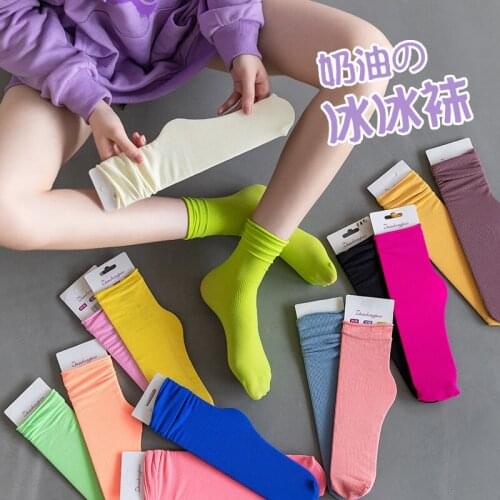 Women Girls Summer Spring Autumn Thin Loose Socks Stacked Bright Neon Rose Green Long Solid Colors Canvas Footwear Soft Sox
