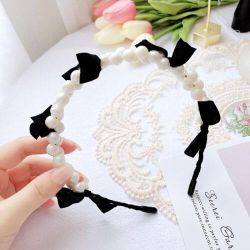 New Korean Fairy Fabric Black Bow Hairband Artificial Pearl Hair Hoop Elegant Temperament Sweet Girl Headband for Women Designer