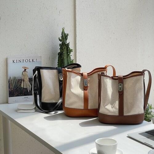 2021 New Casual Women Shoulder Bag Retro Simple Canvas Crossbody Bags Female Fashion Korean Style Color Contrast Bucket Bag