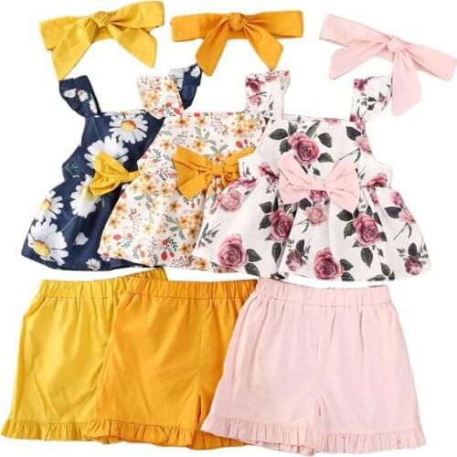 0-4Y Summer Sweet Kids Girls Clothes Sets 3pcs Flowers Print Ruffles Short Sleeve T Shirts Tops+Shorts+Headband