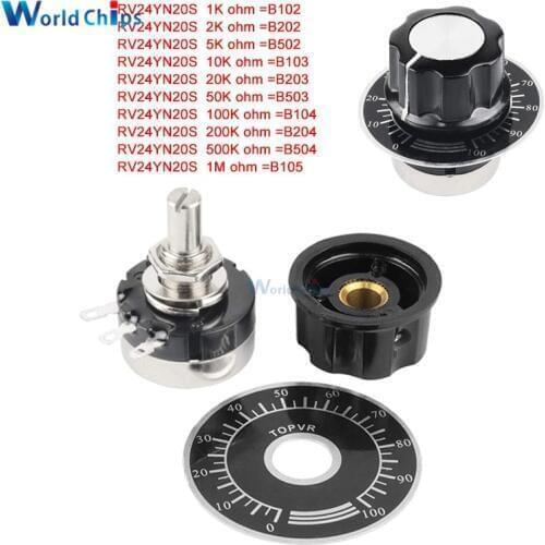 RV24YN20S 1K 2K 5K 10K 20K 50K 100K 200K 500K 1M ohm Single Turn Carbon Film Rotary Taper Potentiometer with A03 knob with dials