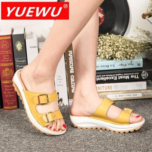 YUEWU Thick Bottom Increase Ladies Slippers Double Row Two Character Trainer Top Layer Leather Frosting Leisure Sandals