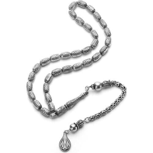 Silver Natural Erzurum Prayer Rosary Men Capsule Cut Rosary Islamic Tasbih Ornate Tassel 925k Silver Made in Turkey
