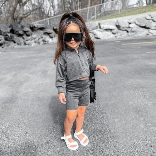 2021 Kids Baby Girl Solid Grey Long Sleeve Hooded Tops High Waist Pant Trouser 2PCS Sportswear Children Clothes Set