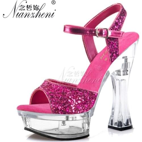 6 inches Bride Wedding 14cm Super High heeled shoes Sexy Fetish Models Big Size Flash powder Crystal Spool heels Womens Sandals