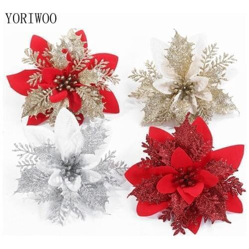 YORIWOO 1/5/10pcs Merry Christmas Tree Ornament Wedding Artificial Flowers For Home Decoration Xmas Glitter Fake Flower Head DIY