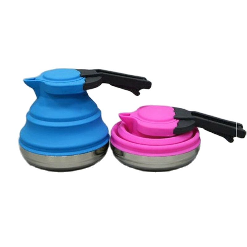 Outdoor portable silicone kettle Foldable Collapsible silicone kettle 1.2L 304 stainless steel bottom Food grade silicone