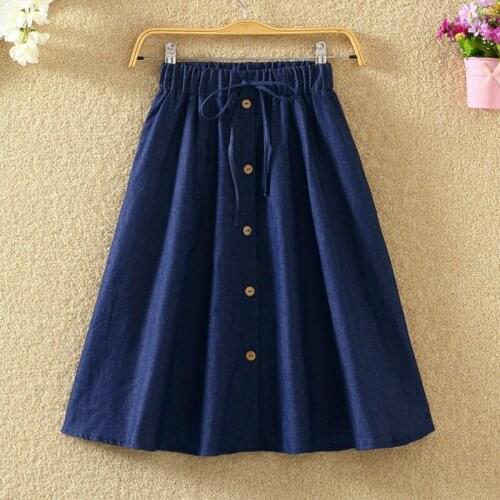 KJMYYX High Waist Skirt Casual Striped Bow Denim Women Solid Color Long Skirt Female Elegant Big Hem Casual Button Jean Skirt