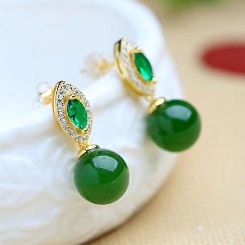 Vintage Green Jade Emerald Gemstones Diamonds Drop Earrings For Women 14k Gold Color Jewelry Bijoux Brincos Party Accessories