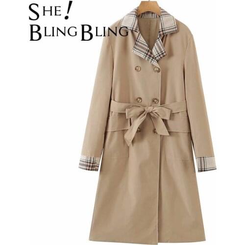 SheBlingBling Za Woman 2021 Autumn Plaid Patchwork Double Breasted Trench Coats Mid Length Pockets Female Casual Jacket Khaki
