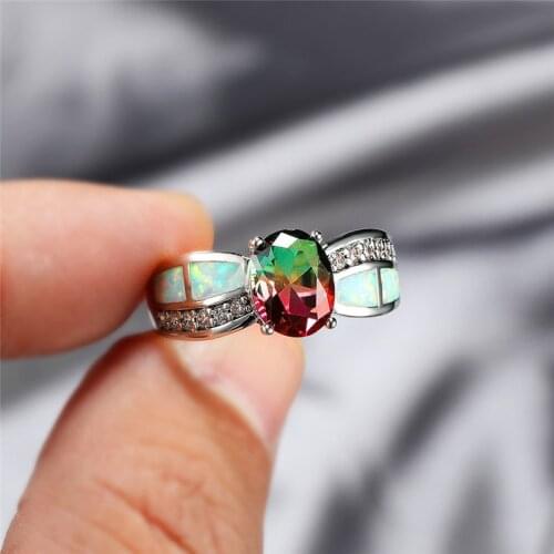 Boho Female White Fire Opal Ring Silver Color Red Green Oval Ring Promise Love Engagement Rings For Women