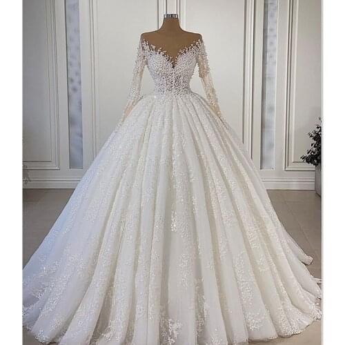 Sexy Illusion Tulle Long Sleeve Ball Gown Wedding Dress 2021 Robe de Mariee Luxury Beads Lace Wedding Gowns Vestido de Noiva