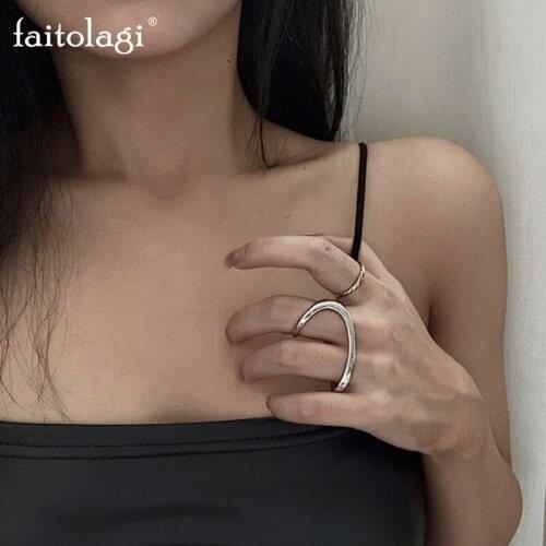 Punk Irregular Geometric Open Ring Simple Two-Finger Smooth Rings Silver Color Hip Hop Adjustable Ring Women Jewelry Gift