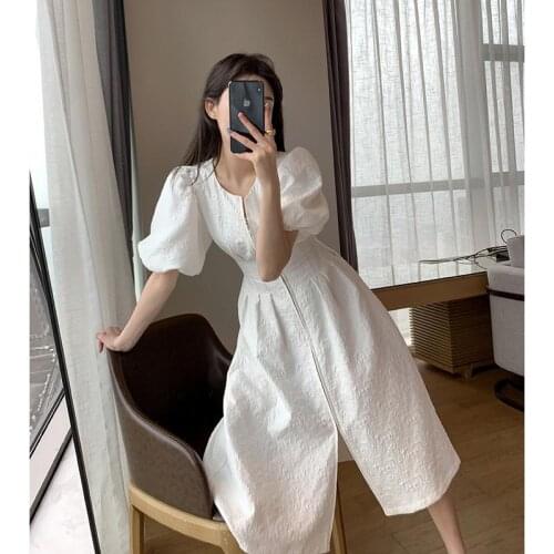 Gogol Custom White Party Long Plus Size Elegant Women Summer 2021 New Waist Slim Temperament Goddess Model Bubble Sleeve Dress