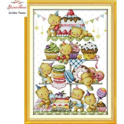 Golden Panno,Sweet little bear cake decor painting counted print on canvas DMC 11CT 14CT Chinese Cross Stitch kits embroidery 23
