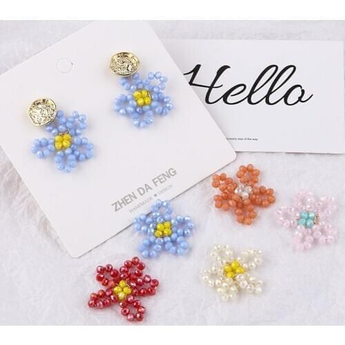 6pcs Korean Fashion Fairy Style Crystal Beads Pendant Copper Wire Braided Sweet Statement Flower Earrings Diy Jewelry Accessorie