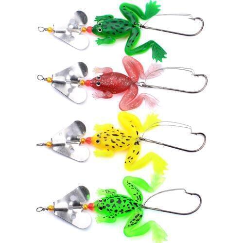 HiUmi 4Pcs 9cm 6.2g All Water Fishing Lure Frog Soft Lure Selicone Bait with Spinner Bass Carp Fishing Tackle