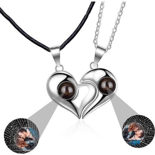 1 Pair Personalized Custom Photo Name Couple Heart Shape 100 Languages I Love You Projection Pendant Necklace Jewelry Lover Gift
