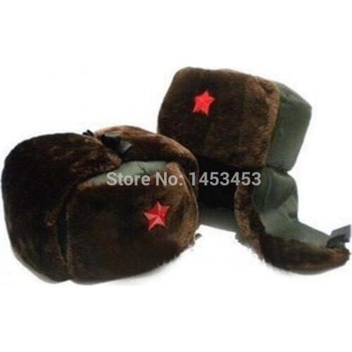 Chinese Russian Army Trooper Hat Ushanka winter Green Warm Cap Red Star Badge