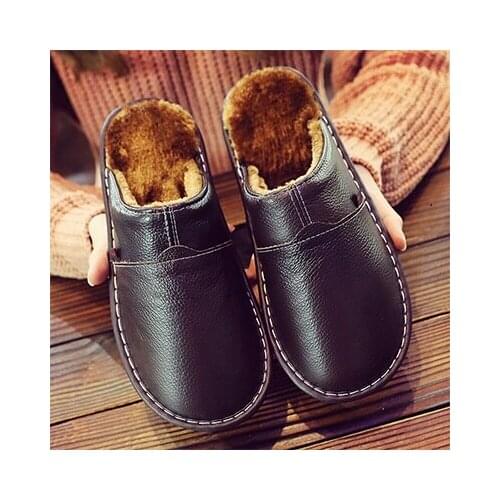 Leather Home Slippers for Men Winter Warm Plush Slippers Bedroom Genuine Leather Unisex Men/women House Indoor Shoes