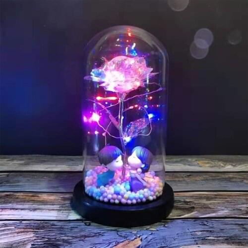 Beauty And The Beast Red Rose In A Glass Dome On A Wooden Base For Valentines Gifts LED Rose Lamps Christmas Wedding Decoration