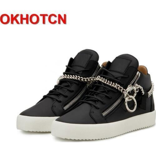 Lace Up Mens Sneakers Casual Leather Shose Men Side Zipper Chain Flats Height Increasing Men Shoes Spring Autumn White Shoes Men