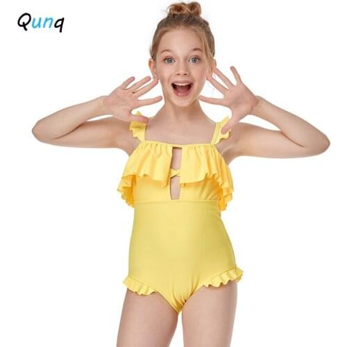 Qunq Girls Swimwear One Piece Solid Color Kids Bathing Suits for Girl 2-12 Year Toddler Teen Children Backless Bathing Suits