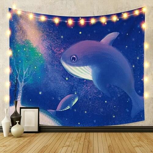 Cartoon Fish Blue Sky Tapestry Vintage Exotic Summer Plant Nature Frame for Bedroom Photography Wall Decor