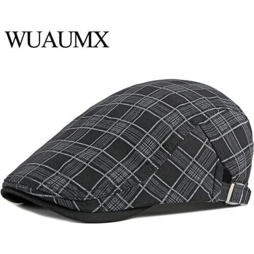 Wuaumx Spring Summer Mens Hats Plaid Berets Hat Women Thin Breathable Cotton Visors Herringbone Cap Artist Checked Forward Cap