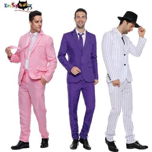 Eraspooky Retro 1920s Gangster Cosplay Mens Stripe Suits Jacket Pants Halloween Costume For Adult Night Club Party Stage Outfit