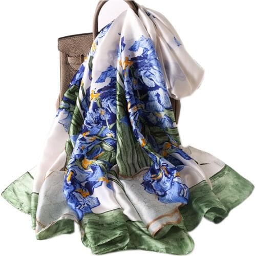Soft Silk Echarpe Femme Hiver Luxe Designer France Irises Print Foulard Ladies Floral Bandana Spring Hijab Scarf for Women 180cm
