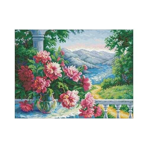 Still Life-Peony Vase on the Terrace Needlework,For Embroidery,DIY 14CT Unprinted Arts Cross stitch kits Set Cross-Stitching