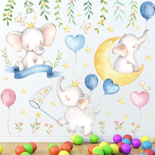 Wall stickers with pictures of little elephants balloons moon, painting style for living room, kids room, baby wall sticker, g