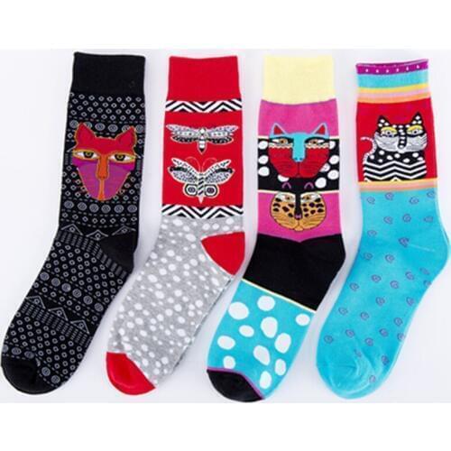 New Europe The United States Tide Brand Women Happy Socks Color Funny Couple Socks personality Cat butterfly pattern Sokken