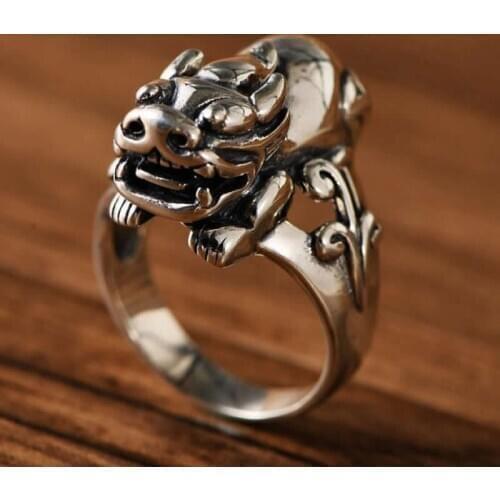 New Pure S925 Silver Ring Mens Dragon Son Pixiu Ring Stamp S925