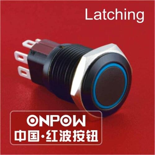 ONPOW 16mm Flat round IP65 Latching 6V,12V,24V Ring LED Black Anti-vandal Push Button Switch (GQ16-KF-11ZE/J/A) CE,ROHS