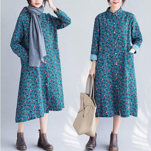 Cotton and Linen Floral Shirt Dress Mid-length Loose Long-sleeved Lapel Cardigan Double Pocket Linen Printed Tunic Robes K1084