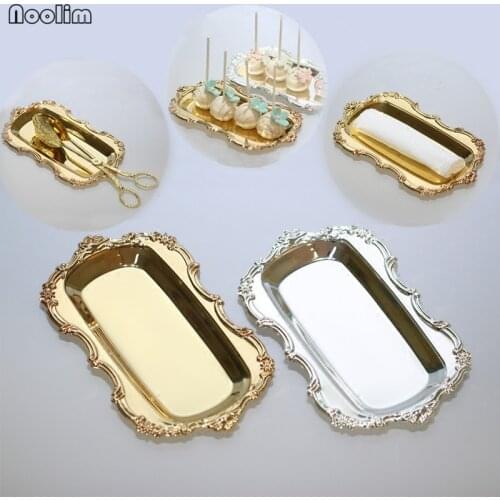 Nordic Silver Gold Cake Storage Tray Carved Edge Wedding Party Decor Dessert Cutlery Tray Towel Dish Kitchen Food Storage Tray