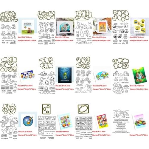 4*6 inch Clear Stamps and Cutting Dies Hardworking Bees Rabbits Fox Cat Unicorn Sea Turtle Photo Frame Books Cart Mountains #11